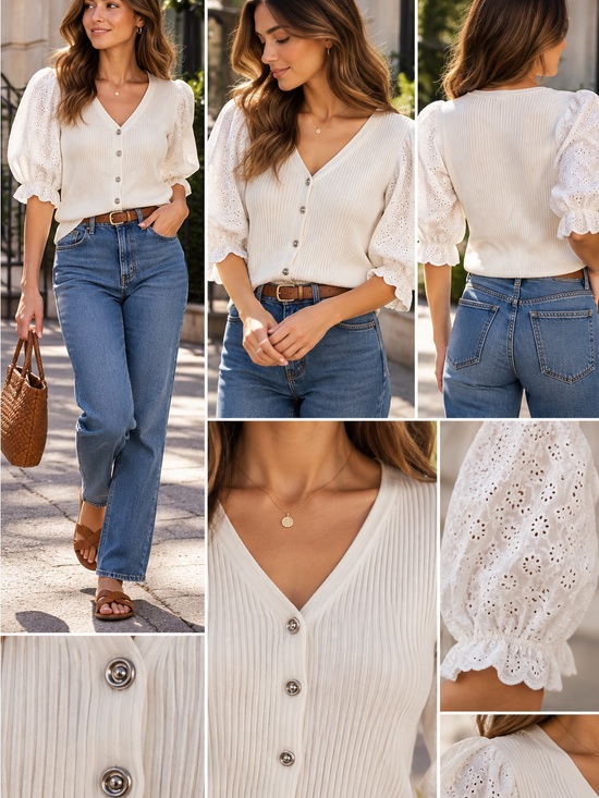 Elie Tahari Tops - Women's Cream V-Neck Button Front Knit Top with Eyelet Puff Sleeves